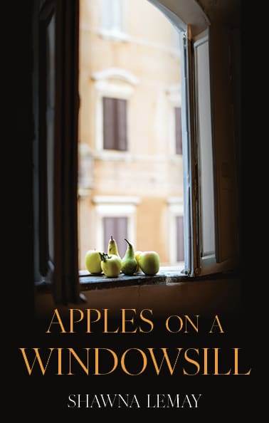 green apples on a windowsill. View looking out from the inside of a dark house.