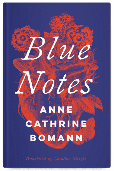 A blue background with a red anatomically correct heart shrowded in red flowers. The title is in white cursive text and overlays the image. The author's name is in white text just below, and the translator's name is in red text just below that.