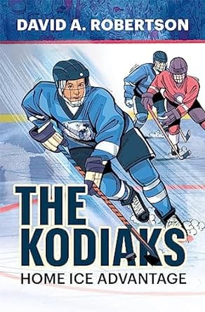 An illustrated image of a boy in blue playing hockey. There are two boys behind him, one in red. The central boy in blue skates over the title, which is in large black letters. The author's name is in white letters on a blue strip over the top of the image.