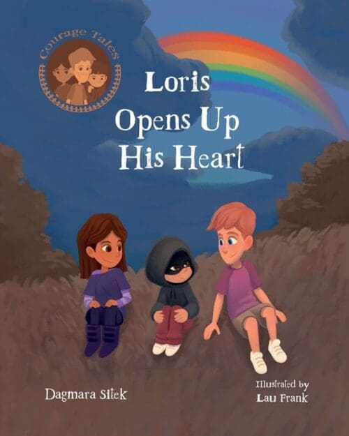 three boys sit on a cliff. There is a rainbow behind them. They look at each other. The boy in the middle wears a mask covering his eyes. The title is in the sky behind the boys, and the author and illustrator names are at the bottom of the image.