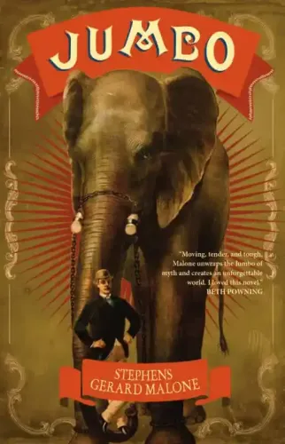 Sepia toned cover with a large elephant facing forward in the centre. An illustrated person in a blue coat stands with both hands on their hips, leaning on the inside of the right leg of the elephant. An orange banner with the title is just above the elephant.