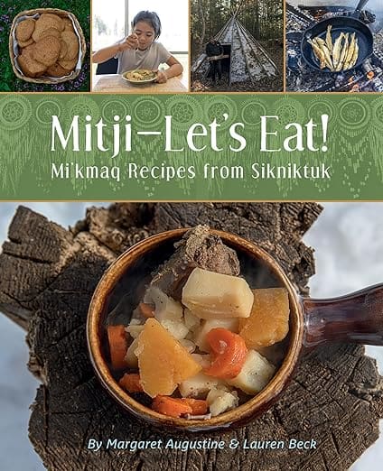 A large image of a stew in a wooden bowl, with other smaller images of dishes from the cookbook along the top of the cover. A green banner goes across the top half of the cover, with the title.