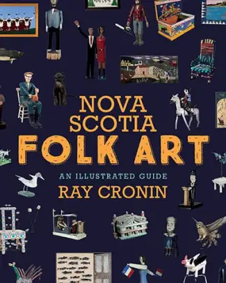 A navy blue background with folk images and small trinkets scattered about. The title and author's name are at the centre of the image, in large yellow letters.