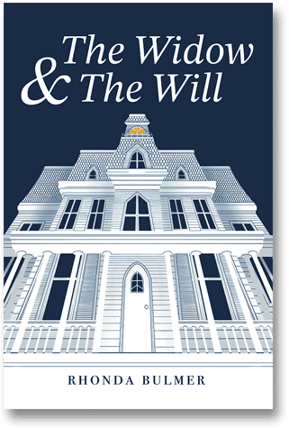 The Widow and the Will cover. An image of a large white building on a blue background.